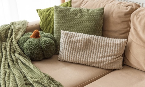 pillows on couch with soft green and beige color themes