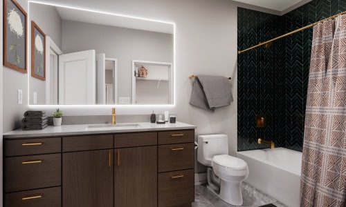 Broadstone West End Modern bathroom with geometric tile along bathtub