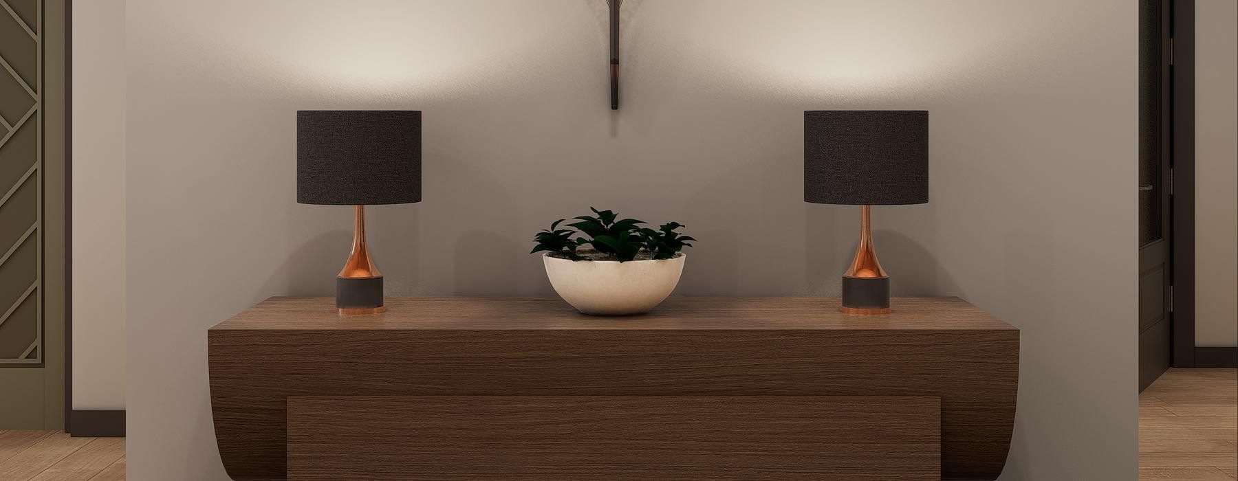 a well-lit desk area with wooden ceilings